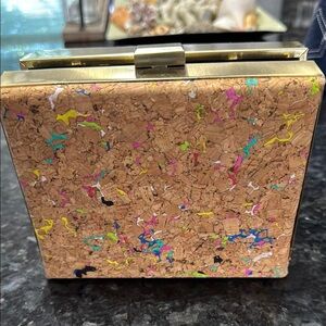 Cork Confetti‎ Clutch Evening Bag Gold Trim Box Purse